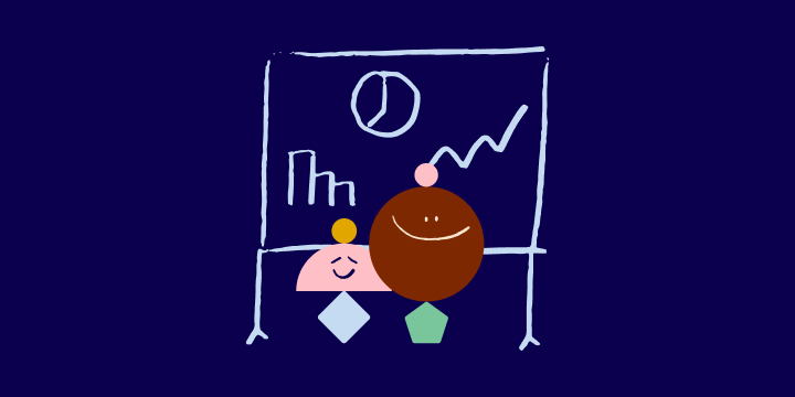 Two Gatheround mascots standing in front of a board of charts and graphs
